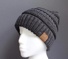 Dark Grey Gray ski hat chunky thick knit slouch cap beanie winter crochet hat