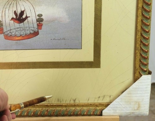 R. Churchill para Soicher Marin Obra de Arte Enmarcada Dorada Pájaro Cantor con Topiarios - Imagen 4 de 9