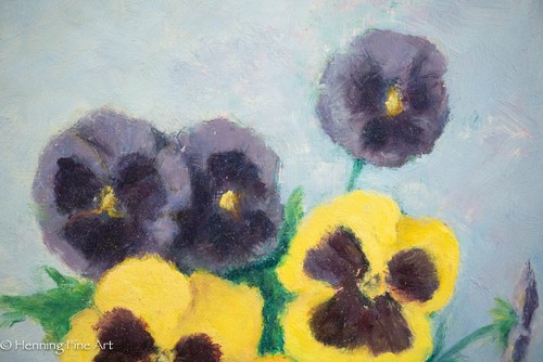 Beautiful Antique Oil Painting of Yellow and Purple Pansy Flowers Still Life - Picture 4 of 7