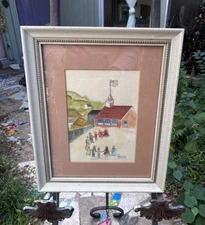 Naive Folk Art “Fun At Recess” School W Flag, Pencil & Watercolor, Signed Framed