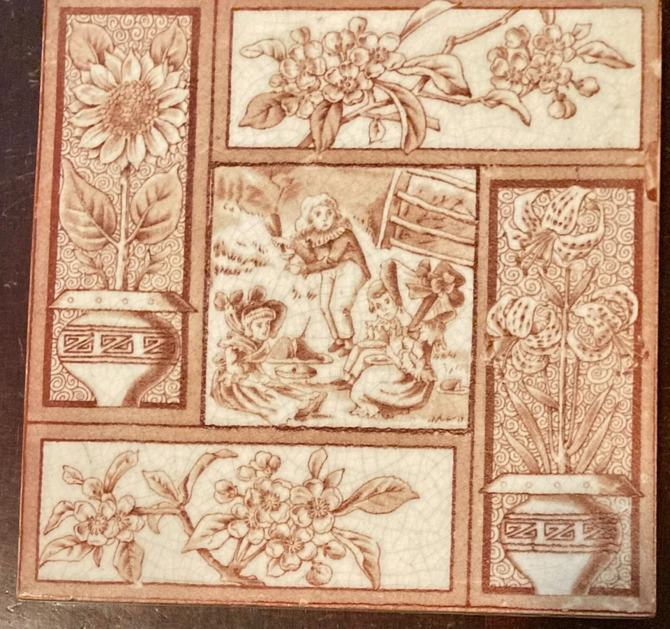 Orig. Juego de 3 azulejos antiguos de bota Kate Greenaway T & R ~ niños ~ 1881 ~ RARO Foto 2 de 4