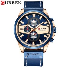 Montre Pour Homme Curren 8349 Chronographe - Bracelet En Cuir, Bleu/Or Rose Lac
