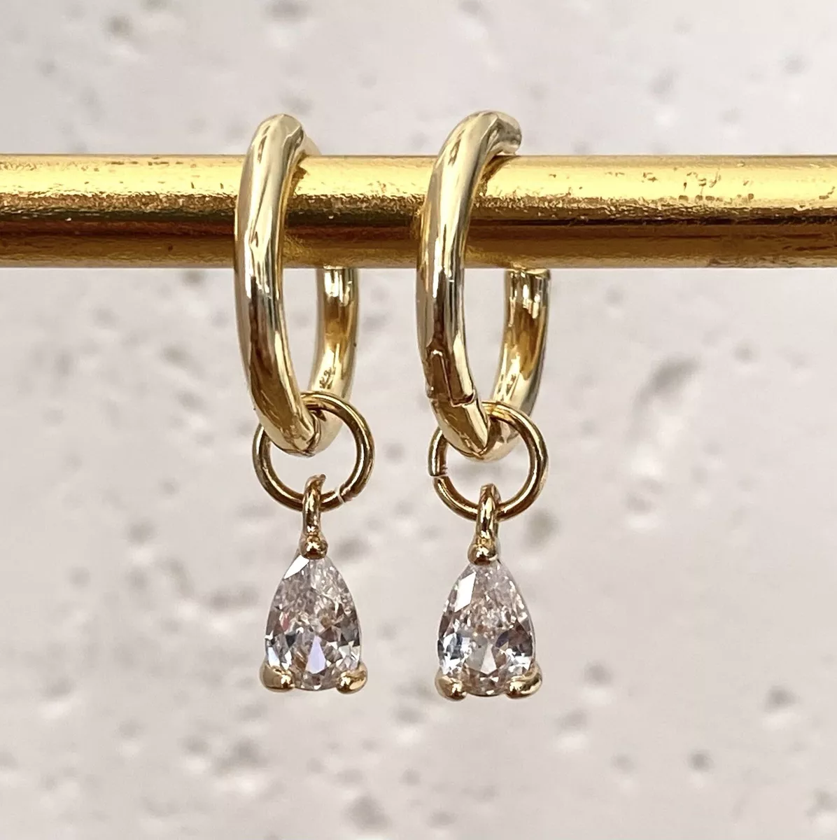 Gold Dangle Hoop Earrings for Women 14k pt Huggie Handmade Crystal Clear Drop