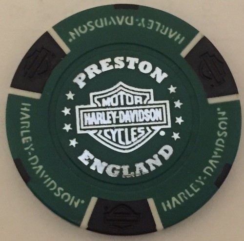 PRESTON, ENGLAND BOWKER HARLEY DAVIDSON POKER CHIP (GREEN & BLACK) UK - Picture 2 of 2