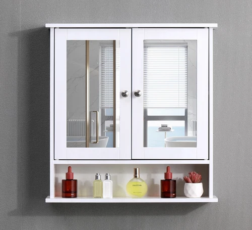 Bathroom Wall Cabinet Storage Cupboard with Double Door Mirror Wooden Shelves - Picture 10 of 17