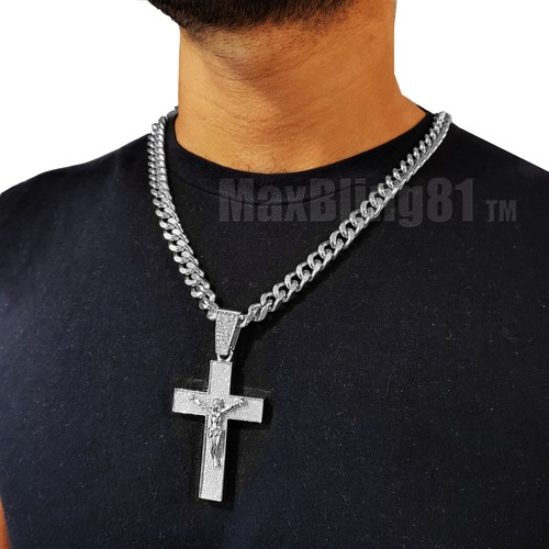 Hip Hop Jewelry Glittered Silver Large Jesus Cross & 10mm Cuban Chain Necklace - Bild 12 von 13