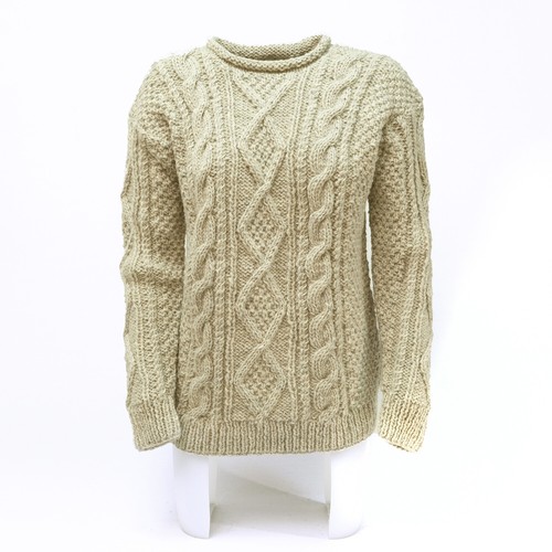 Pullover Lana Crema Beige a Maglie Grosse Treccia Donna Uomo Pecora Natura Nepal - Foto 1 di 3