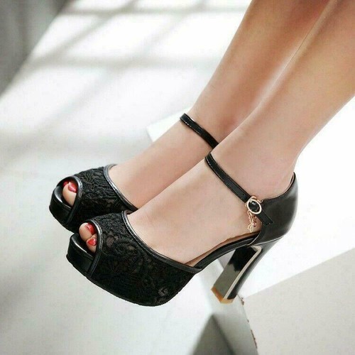 Women's Lace Sandals Open Toe Floral Shoes Block Heels Platform Korean Fashion - Bild 4 von 18