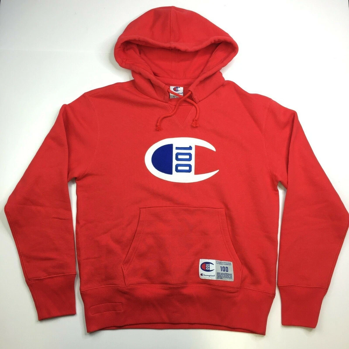Champion Century Logo Long Sleeve RED Cotton Blend Hoodie Mens Medium BRAND NEW