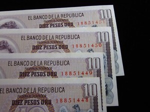 Colombia 10 Pesos Oro 1978 UNC P407 4x Sequential Group Banknote Money h1448