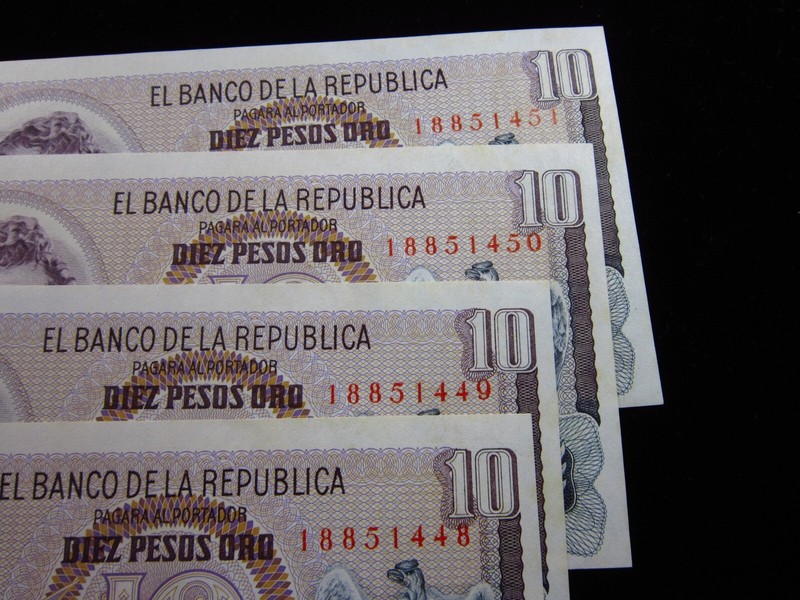Colombia 10 Pesos Oro 1978 UNC P407 4x Sequential Group Banknote Money h1448