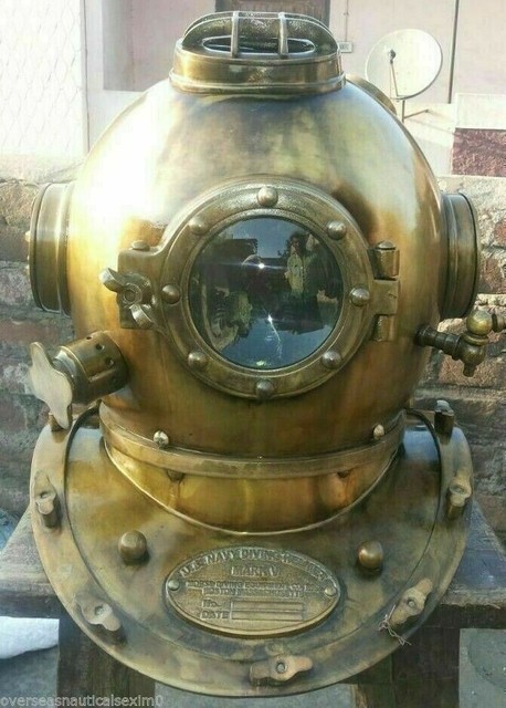 Boston Ottone Antico Scuba Profondo Immersione Casco Segno V US Marina Vintage Boston Ottone Antico Scuba Profondo Immersione Casco Segno V US Marina Vintage