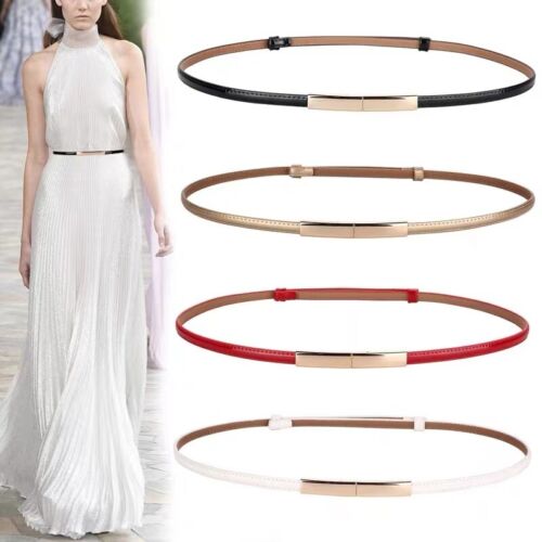 Faux Leather Waist Belt Gold Buckle Dresses Coats Waistband Adjustable Belt Thin - Picture 1 of 31