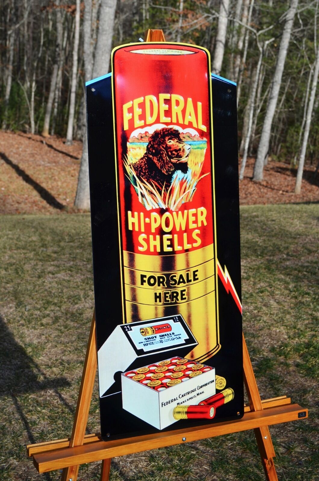 OLD STYLE BIG 28" FEDERAL HI POWER SHOT GUN SHELLS SIGN WITH DOG MADE IN THE USA