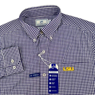 Southern Tide Mens LSU Intercoastal Gingham Performance Shirt Purple White Sz M