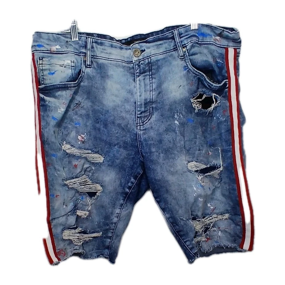 Jordan Craig Shorts Uomo 40 Rosso Bianco Blu Vernice Legacy Edition Denim Distressed