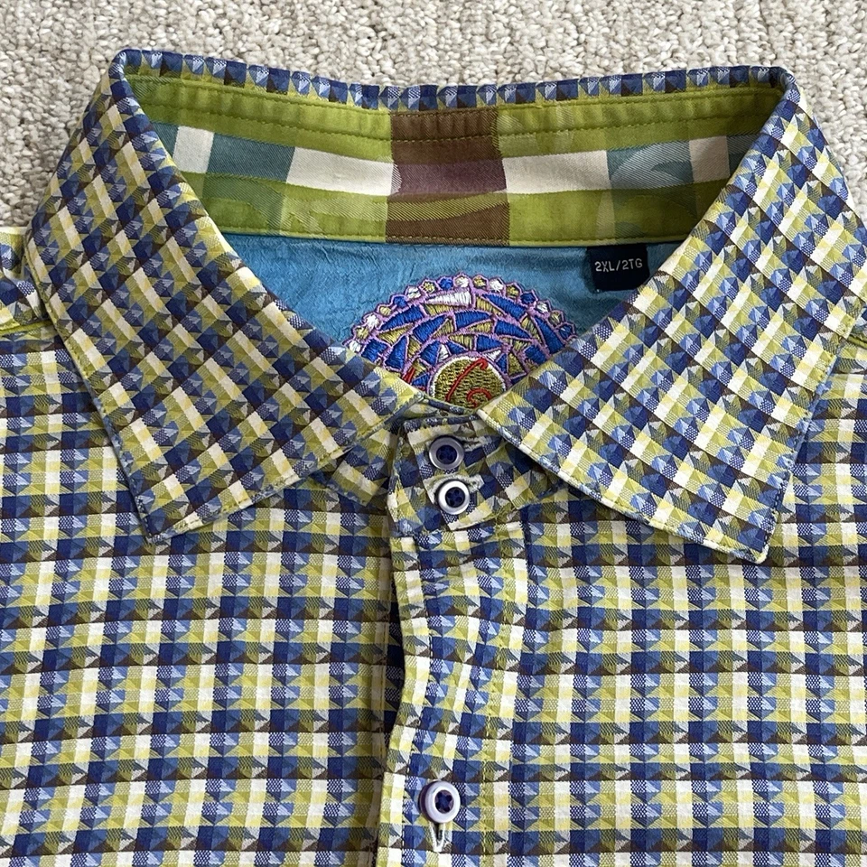 Camisa de vestir Robert Graham para hombre 2XL azul amarillo geométrico colorido puño abatible Foto 2 de 4
