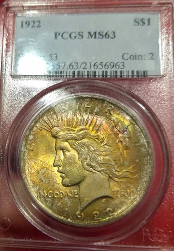 1922 $1 Peace Dollar PCGS MS63 Rainbow Toned Green And Gold Dual Sided 🌈🌅