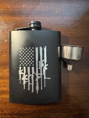 Veteran 2A Tattered US Flag Rifle Gun Theme Engraved 8 oz. Black Flask (NEW)