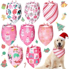8 Pcs Pink Christmas Dog Bandanas Outfit Holiday Xmas Tree Santa Triangle Pet...