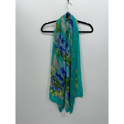 Vera Neumann Silk Scarf Womens Blue Green Floral 70x20 NWT FLAW* 