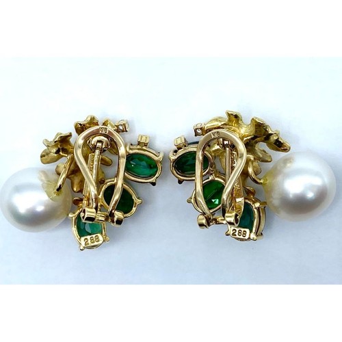 Orecchini perle dei mari del sud 18 kt 10,5 mm tormalina verde diamante foglia oro giallo - Foto 3 di 8