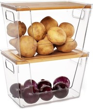 Abiudeng 2 Pack Kitchen Storage Bins, Stackable, Bamboo Lid, Wide Opening