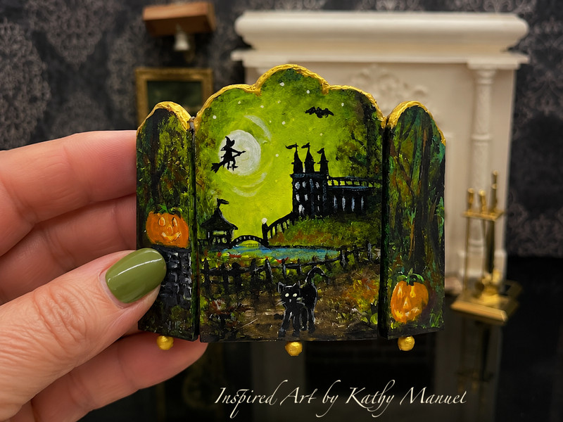 Halloween Fireplace Screen Dollhouse Miniature 1:12 Scale Hand Painted K.Manuel