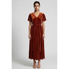 Simplee Burnt Orange Velvet Maxi Dress V-Neck Tiered Small Boho Wedding Romantic