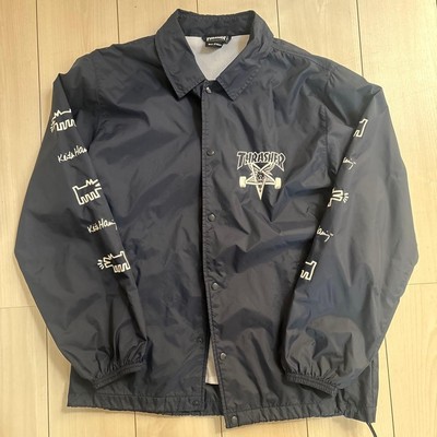 THRASHER San Francisco Logo Navy Nylon Track Coach Jacket Printed Sleeves