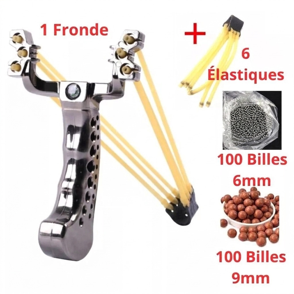 Lance-pierre anti-rupture avec élastiques de secours et billes calibrées noires