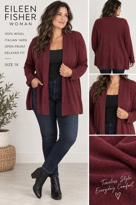 Eileen Fisher Women s Burgundy Wool Knit Open Front Cardigan Sweater 1X Plus