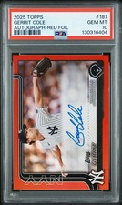 Gerrit Cole 2025 Topps Series 1 Flagship /5 Auto #187 Red Foil PSA 10