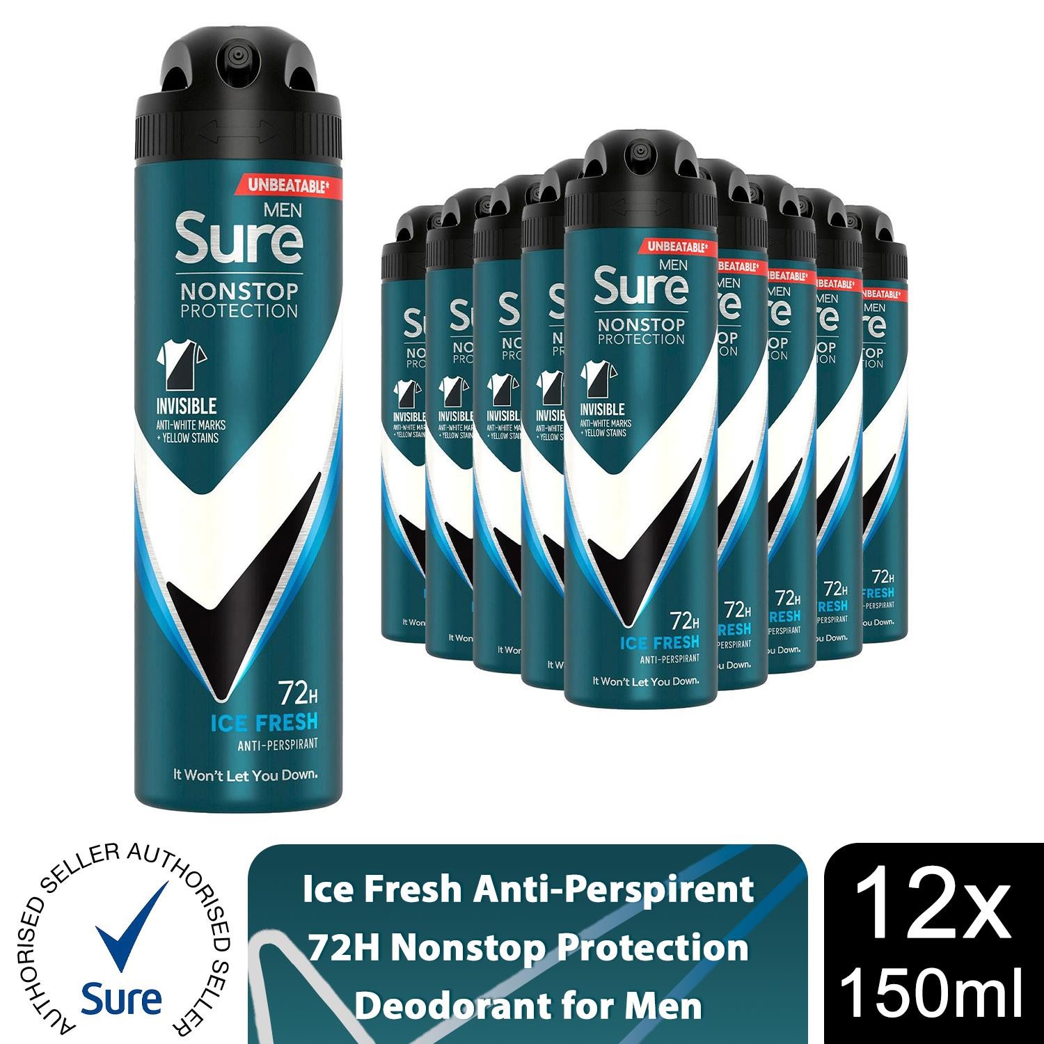 Sure Men Nonstop Protection Invisible Antiperspirant Deo Ice Fresh 150ml, 12pk