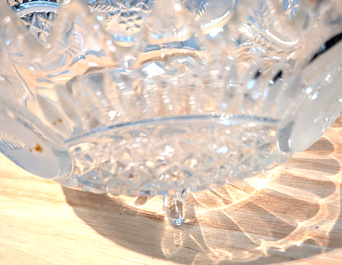 vintage frosted etched lead crystal footed glass bowl/rare/heavy/8.5"x4.74" - Picture 5 of 15