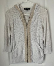 Eddie Bauer Women's Small White/Tan Zip 3/4 Sleeve Cardigan w/ Hood Pockets