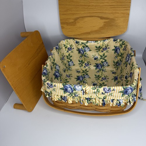 Longaberger Hand Painted Floral Liner Woven Pie Basket With Lid, Handles, Riser - Picture 5 of 8