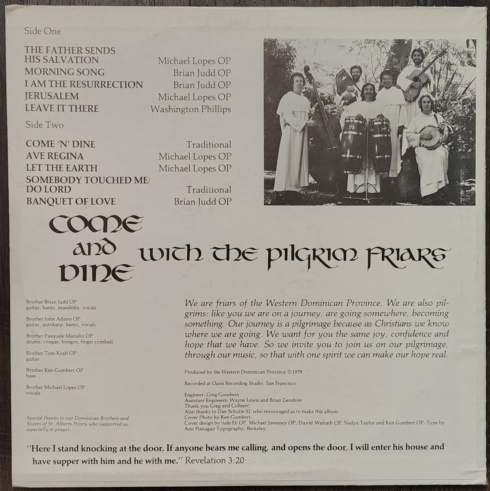 THE PILGRIM FRIARS Come and Dine 1979 Private Label Pop Christian LP Oakland VG+