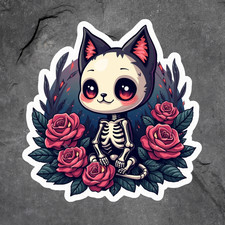 Cat sticker vinyl decal gothic kawaii skeleton roses cat Halloween mug laptop