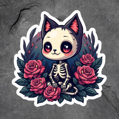 Cat sticker vinyl decal gothic kawaii skeleton roses cat Halloween mug laptop