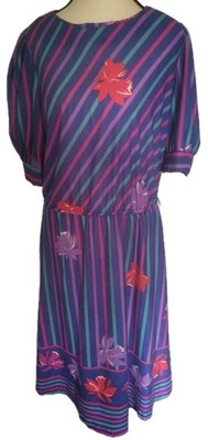 Miss Oops Vintage 80s Striped Dress Size Small Balloon Sleeve Missing Belt USA