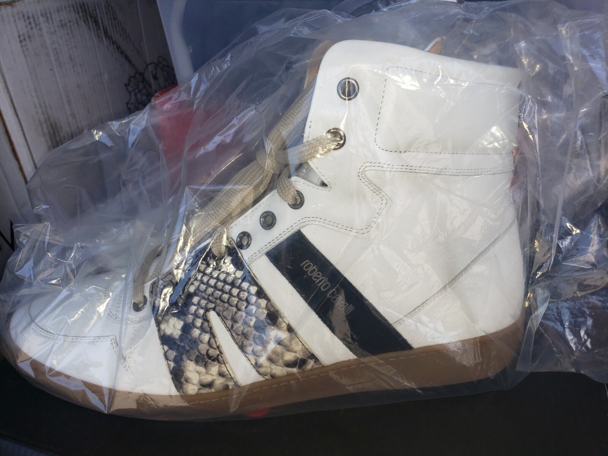Brand new Roberto Cavalli Shoes Leather Sneakers with Logo in WHITE/NAVY for Men | Roberto  main image 2