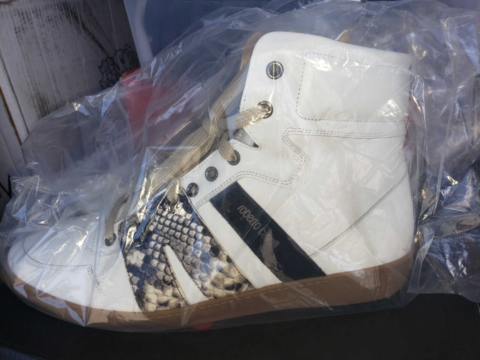 BRAND NEW ROBERTO CAVALLI HIGH TOP LEATHER AND SNAKESKIN SNEAKERS