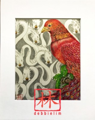 Feng Shui Original “Red Phoenix w// Dragons Bkgd” **11x14 Total Size