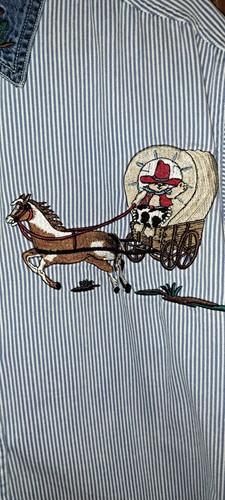 Vtg Quizz Embroidered Cowgirl Rodeo Denim Top Small Horse Wagon Cows - Picture 2 of 9