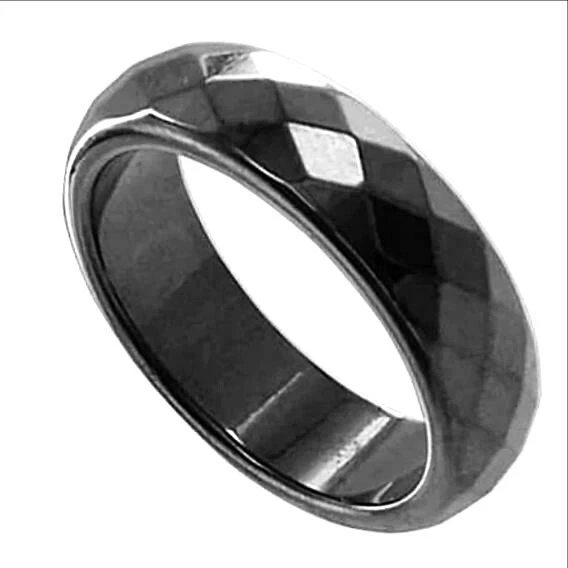 Anillo básico de hematita facetado no magnético real banda de hematita hombre mujer Foto 2 de 2
