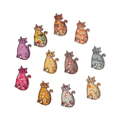 Pkg of 10 DECORATED CATS 2-hole 1-1/4'' x 3/4'' White Wood Buttons (1022) Crafts