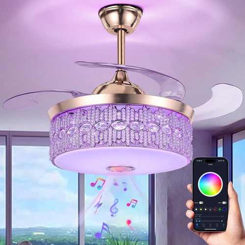42'' Invisible Bluetooth 7-Color Ceiling Fan Light Retractable Remote Chandelier - Picture 11 of 17