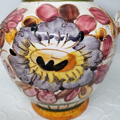 Vtg Italian Ceramic Pottery Pitcher Bright Floral Braided Handle Indented Lines - Picture 10 of 10