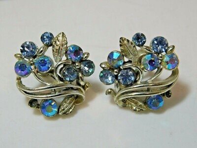 Vintage Lisner Blau Ab Strass Silberfarben Schraube Ohrringe 4d 103